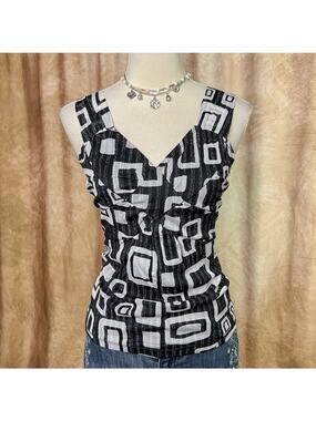Vintage 90s Geometric Tank Top Metallic Black Gray V Neck Party Mod Disco Club
